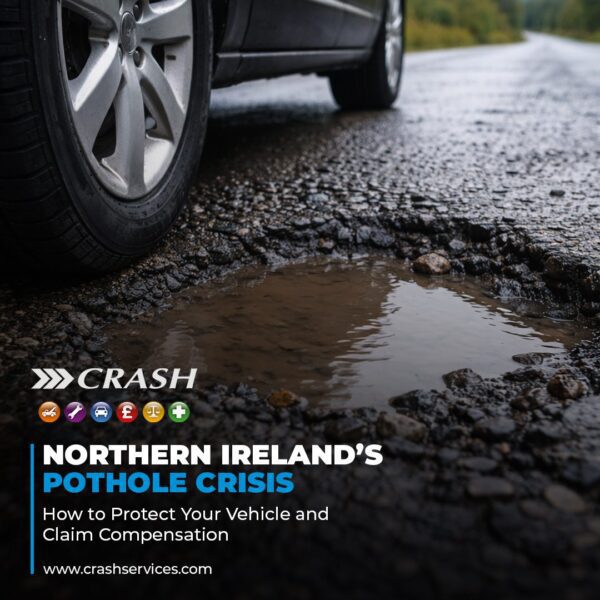 A close-up view of a deep, water-filled pothole on a wet Northern Ireland road.